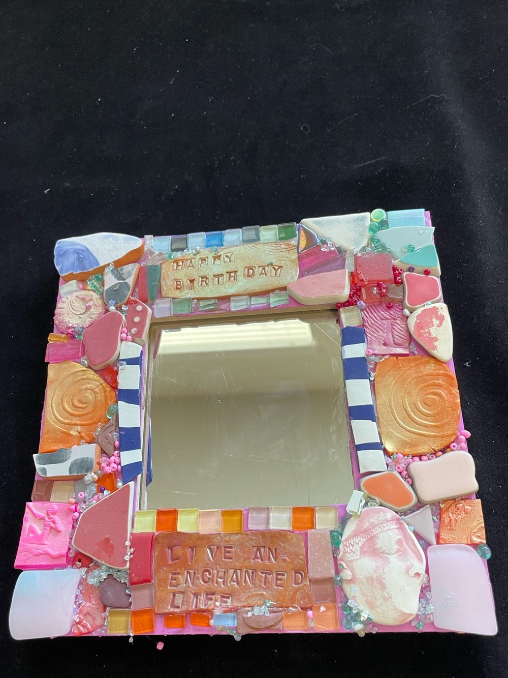 Handmade Mosaic  “ Happy Birthday “Polymer Clay Mirror OriginalOn Wood 8”x8”